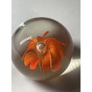 Vintage Art Glass Paperweight Orange Flower